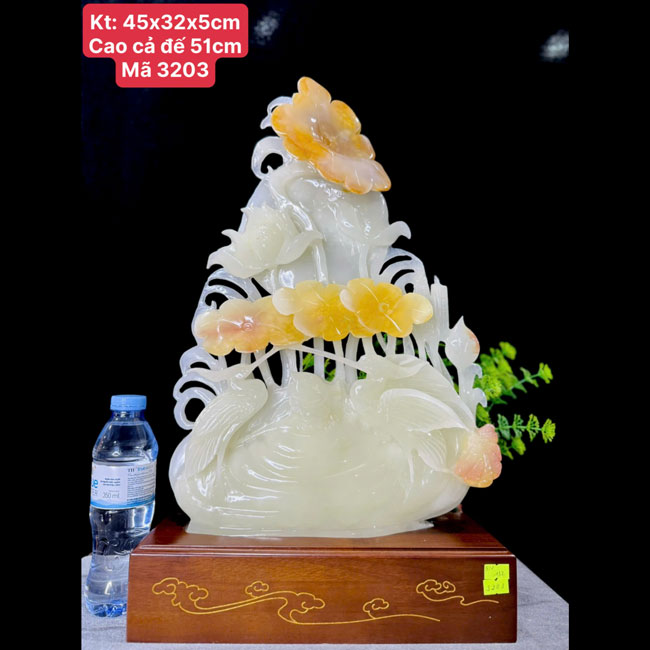 Đôi Chim Dưới Hoa Sen Phong Thủy Ngọc Onyx 45cm
