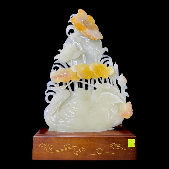 Đôi Chim Dưới Hoa Sen Phong Thủy Ngọc Onyx 45cm