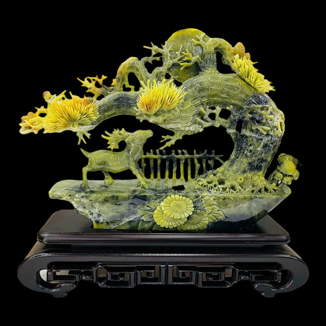 Hươu Phong Thủy Dưới Gốc Cây Tùng Ngọc Seppentine 51cm