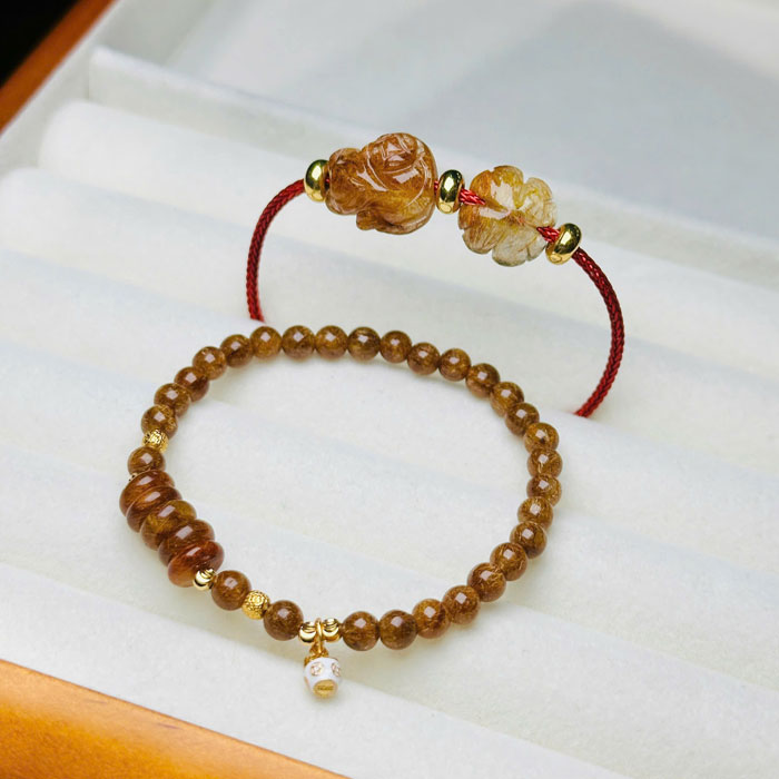 Vòng Tay Phong Thủy [Đôi ] Thạch Anh Vàng Tóc Nâu 5,5mm Hồ Ly Mix Cỏ 4 Lá