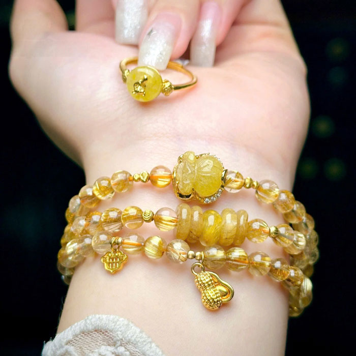 Combo Nhẫn Điếu Vàng 10k + Vòng Tay Phong Thủy Thạch Anh Tóc Vàng 6mm Mix Đồng Trục Charm Vàng 18k