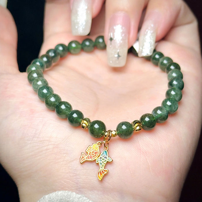 Vòng Tay Phong Thủy Thạch Anh Tóc Xanh 6mm Mix Charm Bạc Si Vàng