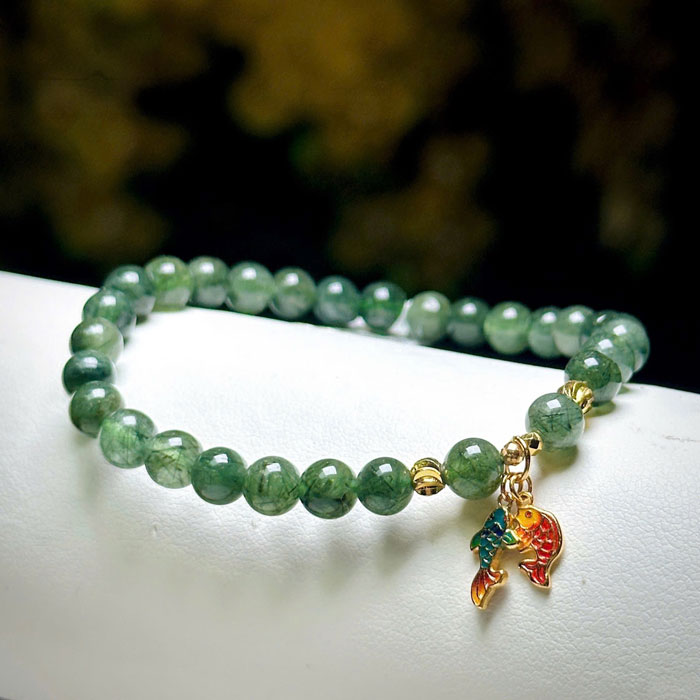 Vòng Tay Phong Thủy Thạch Anh Tóc Xanh 6mm Mix Charm Bạc Si Vàng