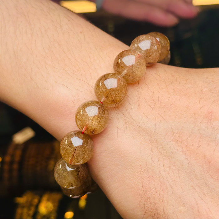 Vòng Tay Phong Thủy Thạch Anh Vàng Tóc Nâu 14mm VIP