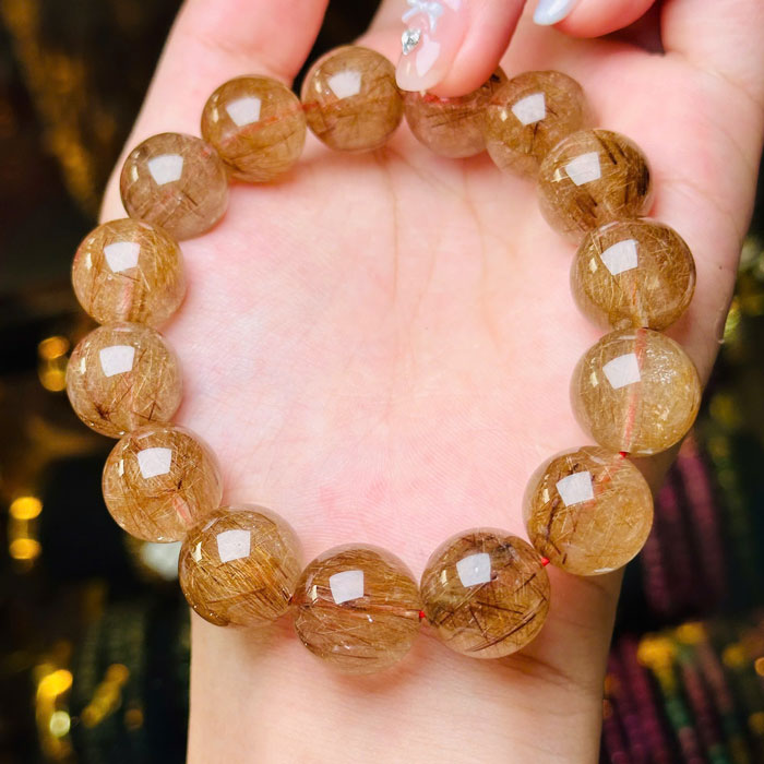 Vòng Tay Phong Thủy Thạch Anh Vàng Tóc Nâu 14mm VIP