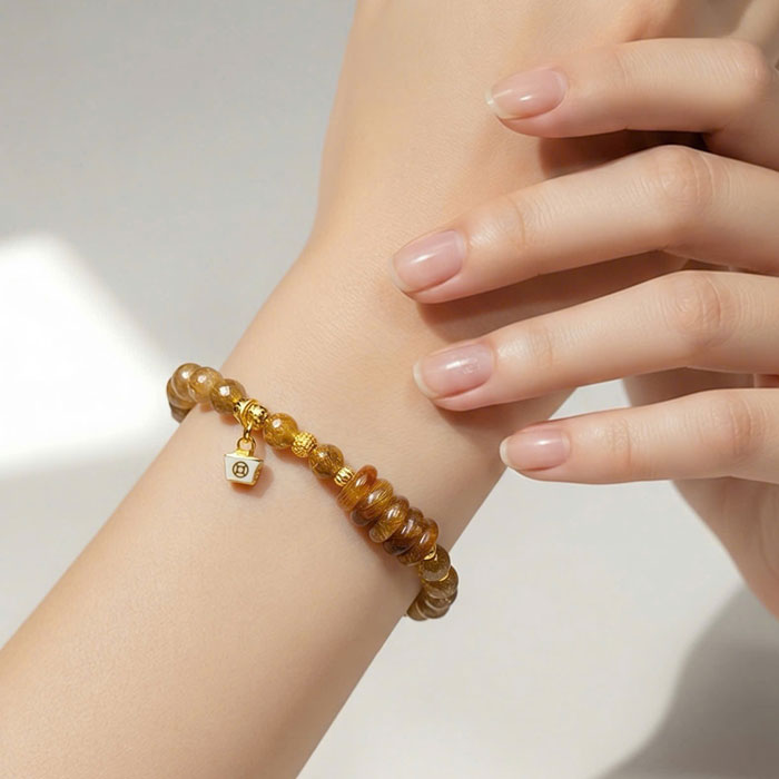 Vòng Tay Phong Thủy [Đôi ] Thạch Anh Vàng Tóc Nâu 5,5mm Hồ Ly Mix Cỏ 4 Lá