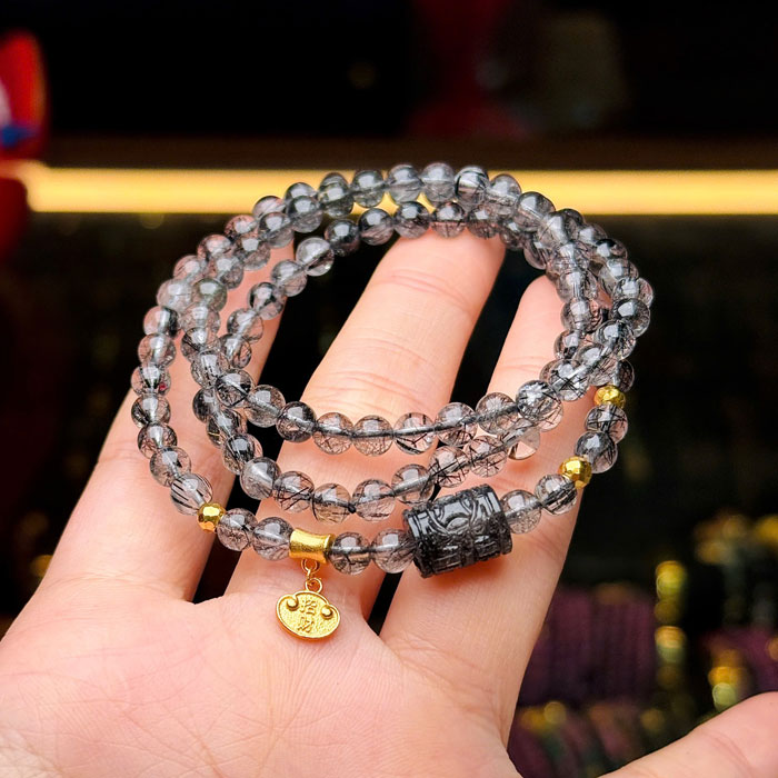 Chuỗi Vòng Đá Phong Thủy Thạch Anh Tóc Đen 6li Mix Lu Thống & Charm Bạc Si Vàng Cao Cấp