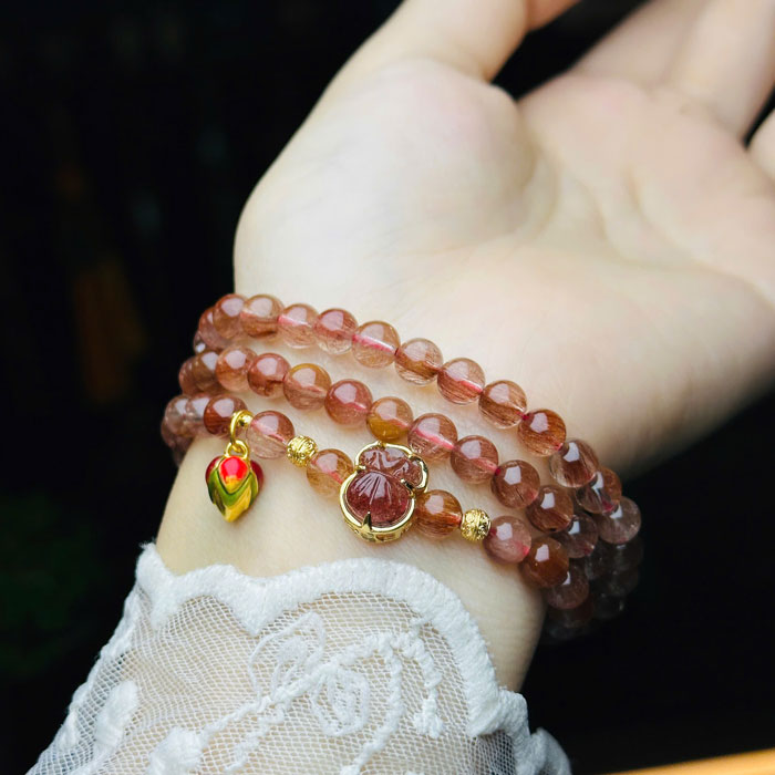 Chuỗi Vòng Đá Phong Thủy Thạch Anh Tóc Đỏ 6mm Mix Túi Tiền Bọc Vàng 10k, Charm Vàng 24k