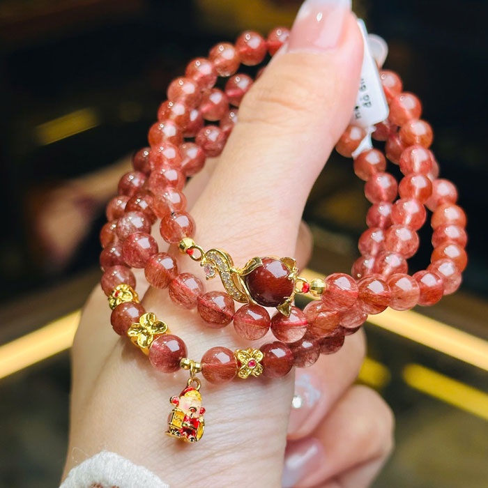 Chuỗi Vòng Đá Phong Thủy Thạch Anh Tóc Đỏ 6,5mm Mix Hồ Ly Charm Vàng 18k