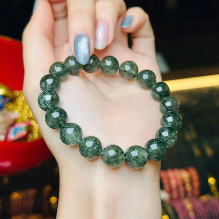 Vòng Tay Phong Thủy Thạch Anh Tóc Xanh 12mm