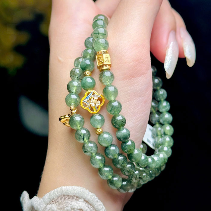 Chuỗi Vòng Tay Phong Thủy Thạch Anh Tóc Xanh 6mm Charm Bạc Si Vàng Cao Cấp