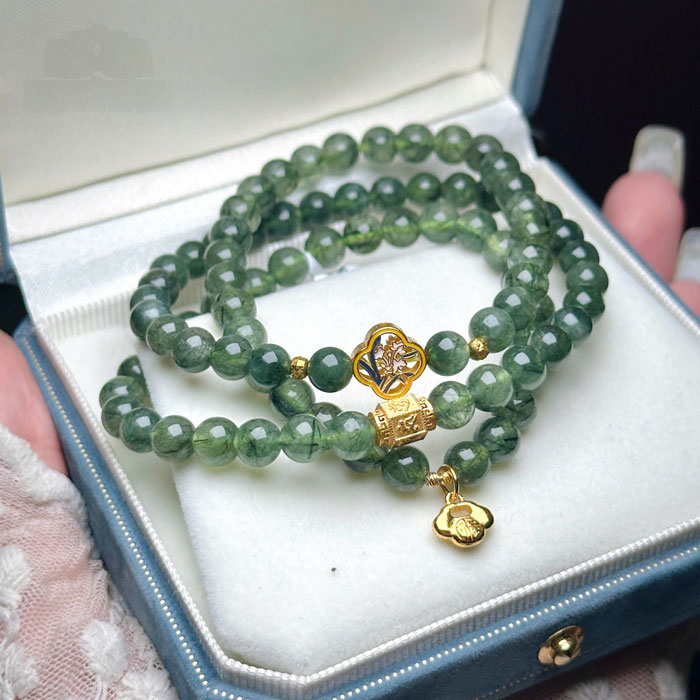 Chuỗi Vòng Tay Phong Thủy Thạch Anh Tóc Xanh 6mm Charm Bạc Si Vàng Cao Cấp