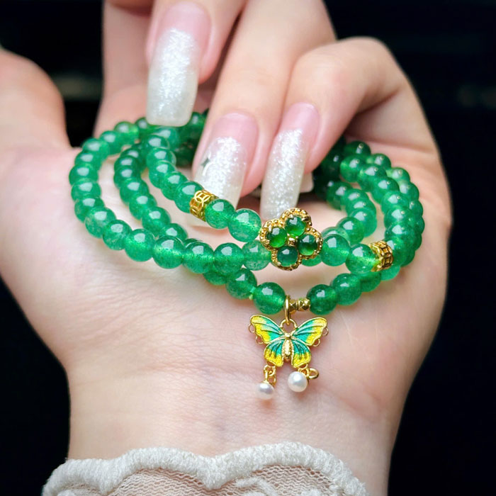 Chuỗi Tay Phong Thủy Thạch Anh Dâu Tây Xanh 5,5mm Mix Charm Bạc Si Vàng