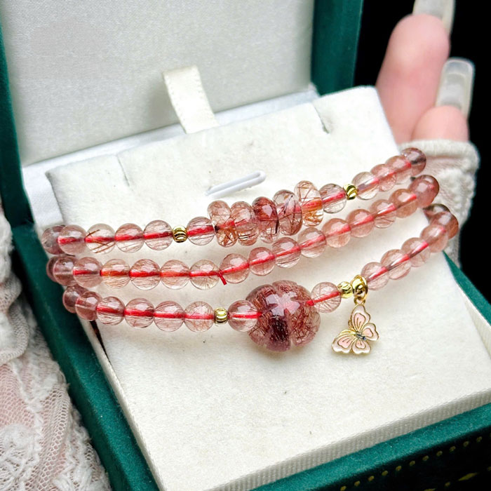 Chuỗi Vòng Đá Phong Thủy Thạch Anh Tóc Đỏ 4mm Mix Charm Bạc Si Vàng Cao Cấp